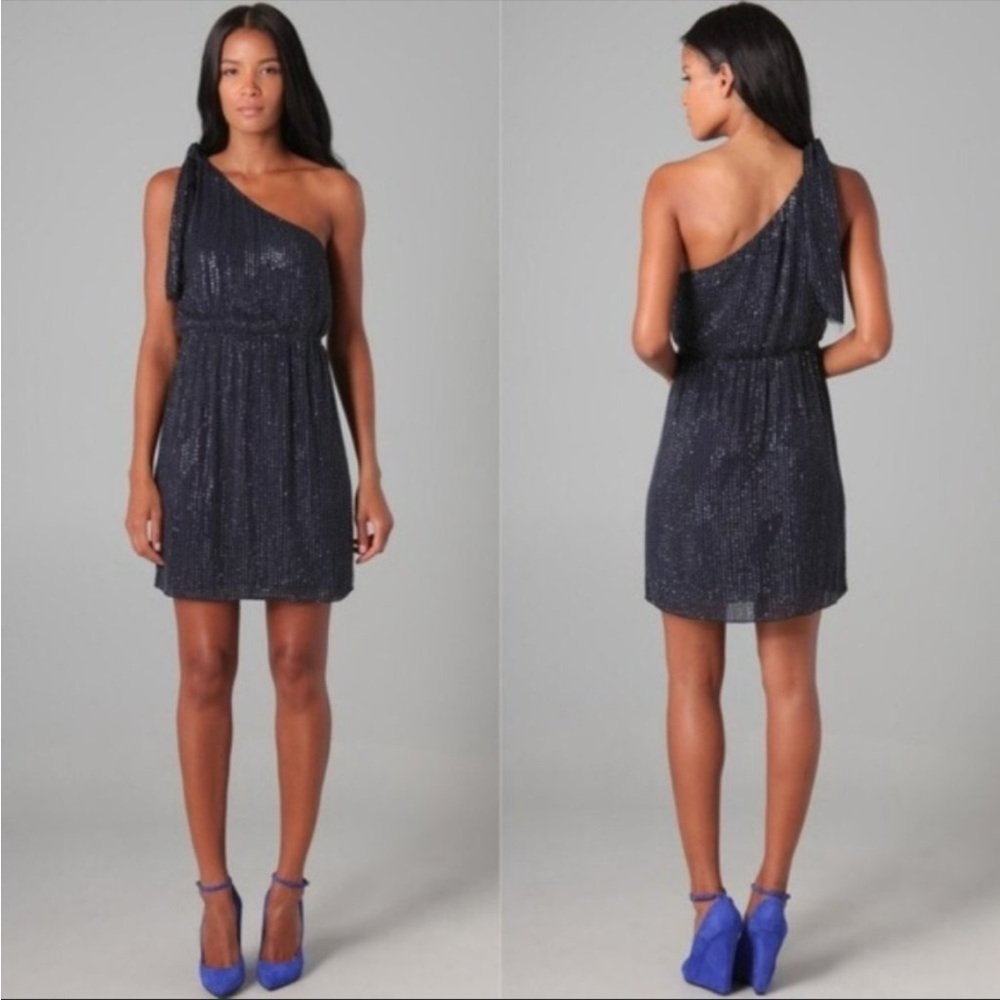 Alice + Olivia Navy Blue Full Beaded One Shoulder Mini Dress